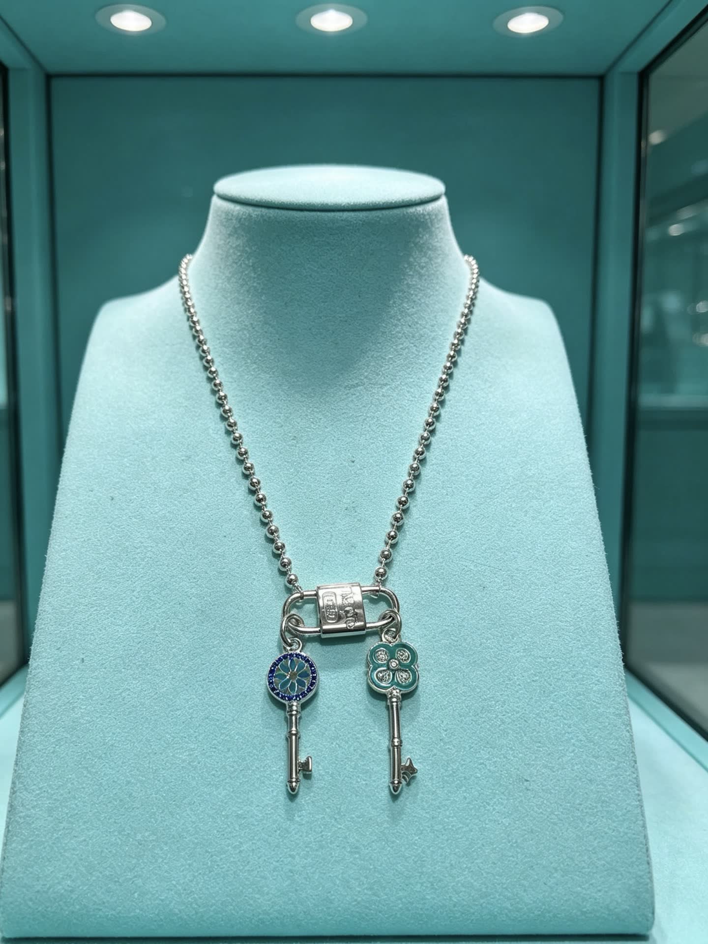 Tiffany & Co. Blue Enamel Lock and Key Necklace